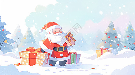 大雪中站在礼物旁开心笑的卡通圣诞老人背景图片