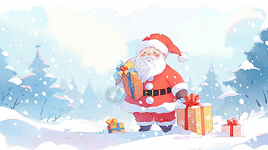 抱着礼物盒开心笑的卡通圣诞老人图片