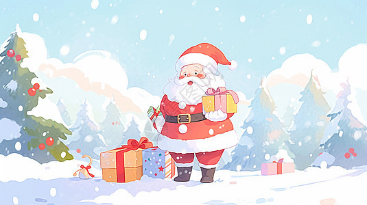 大雪中手拿圣诞节礼物的卡通圣诞老人背景图片