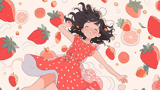 穿着红色花裙子躺在水果中开心笑的卡通小女孩图片