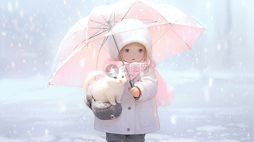 举着粉色雨伞与宠物猫一起走在大雪中的可爱卡通小女孩图片