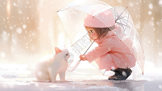 穿粉色衣服的卡通女孩雪中蹲在地上看着宠物猫图片