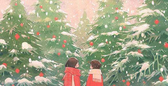 卡通男孩女孩背影在森林中欣赏圣诞树图片