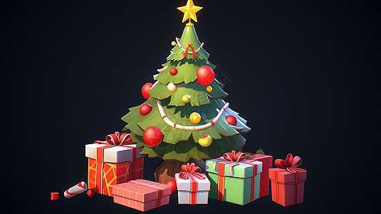顶着黄色小星星的卡通圣诞树下有很多礼物盒图片