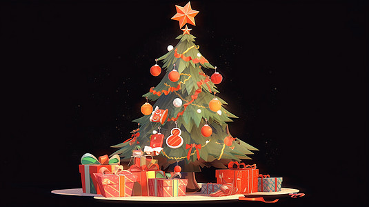 深色背景圣诞树下有很多美丽的卡通礼物盒图片