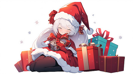 穿着圣诞服装倚靠在礼物旁开心笑的可爱卡通小女孩背景图片