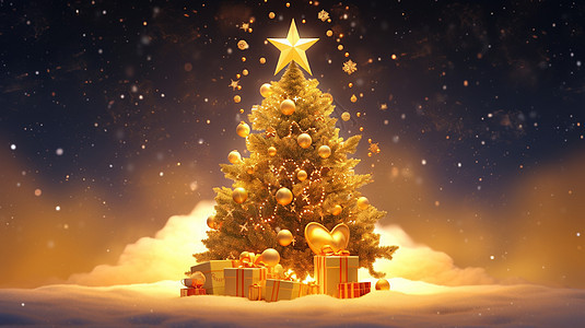 雪地中顶着金色星星漂亮梦幻的卡通圣诞树图片