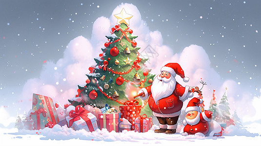 圣诞节华丽的卡通圣诞树旁站着一个圣诞老人图片