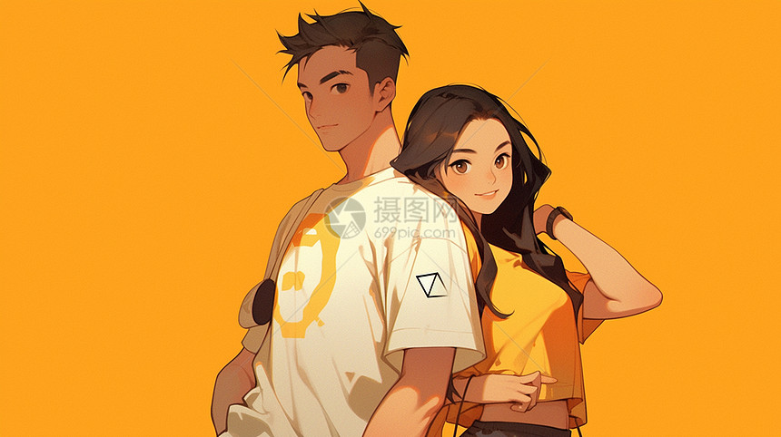 黄色背景时尚阳光的卡通情侣图片