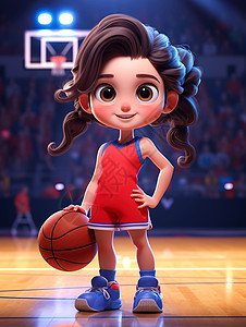 手抓篮球在篮球场开心笑的可爱卡通小女孩图片