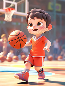 穿红色运动衣在篮球场上打篮球的开心笑的卡通小男孩图片