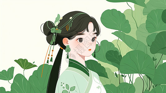 绿色主题漂亮的古风卡通小女孩背景图片