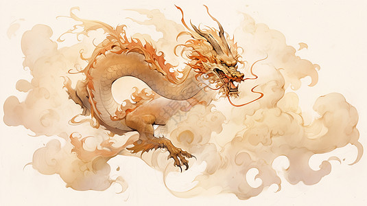 中国云金色飞舞在云端的水墨风卡通龙插画