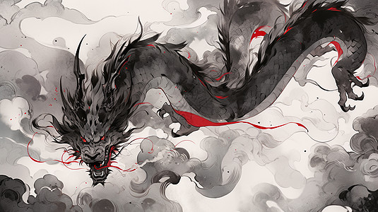 水墨风飞舞在云间的卡通黑龙图片素材