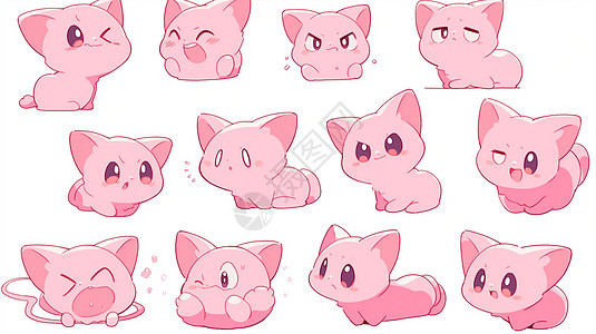 粉色可爱的卡通小猫各种表情包背景图片