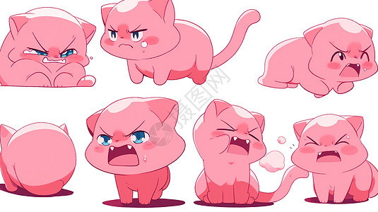 各种生气表情可爱的卡通小粉猫背景图片