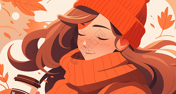 戴着橙色围巾和毛线帽微笑优雅的长发卡通女孩图片
