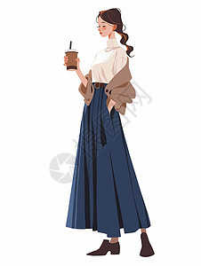 端着咖啡穿蓝色长款半身裙的优雅卡通女孩图片
