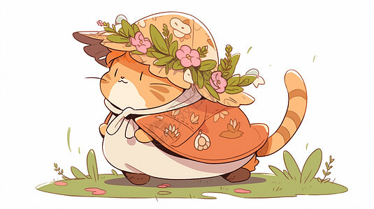 戴着花朵草帽奔跑的肥胖卡通猫图片