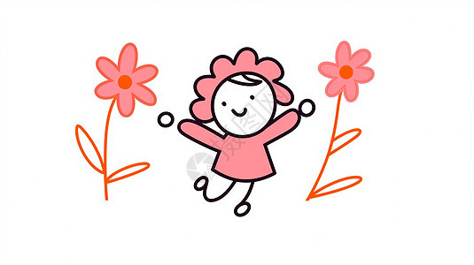 穿粉色衣服开心跳舞的卡通女孩与小花图片