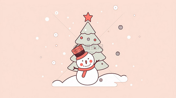 粉色背景圣诞树前一个卡通小雪人图片