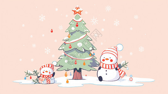 雪中高大的卡通圣诞树与小雪人背景图片