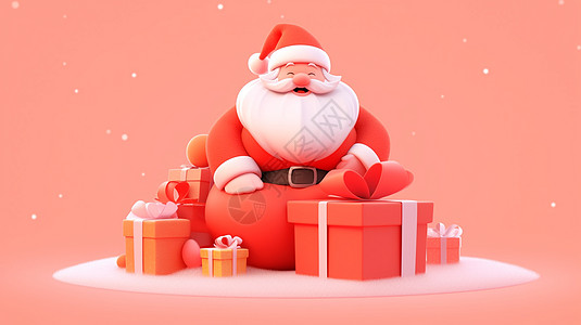 圣诞活动开心笑喜庆的卡通圣诞老人坐在礼物旁插画