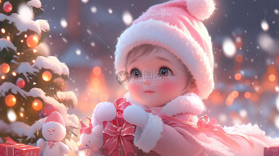 穿着粉色圣诞服装大雪中抱着礼物的可爱卡通小女孩图片