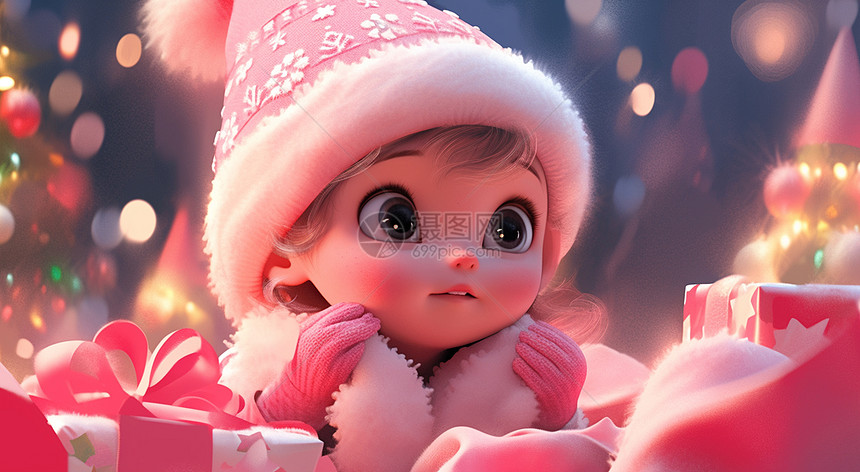圣诞节戴着圣诞帽大眼睛抬头向上看的可爱卡通小女孩图片