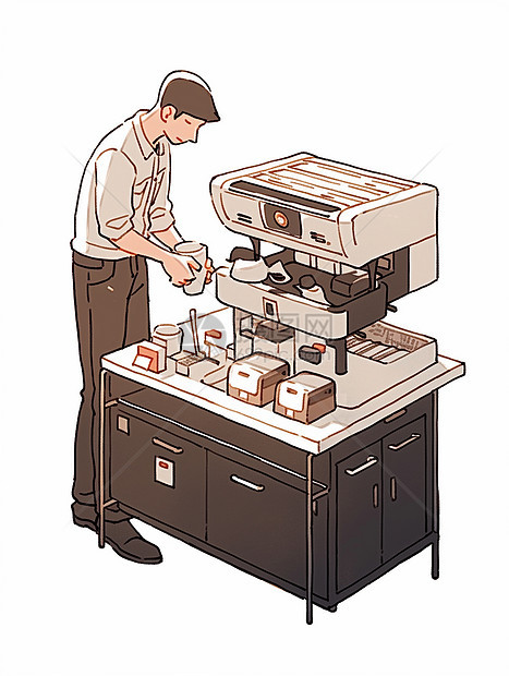 短发简约卡通咖啡师在咖啡机前接咖啡图片