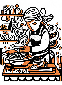 粗线条简约抽象插画正在做饭的人图片