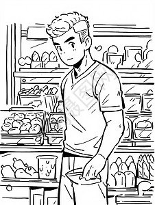 粗线条插画在面包店买东西的卡通小伙图片