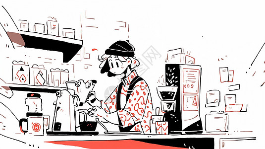 戴着贝雷帽大眼睛时尚的卡通咖啡师粗线条插画图片