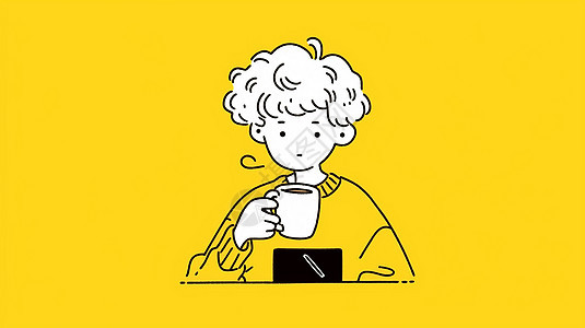白色卷发可爱的卡通男孩在喝咖啡图片
