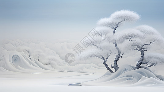 雪地中几棵高高白白的卡通古松树图片