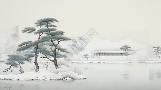 冬天湖中心小岛上几棵高大的古松树与湖边唯美的古建筑风景插画图片