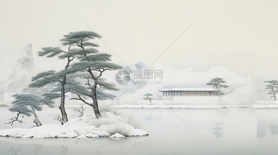 冬天湖中心小岛上几棵高大的古松树与湖边唯美的古建筑风景插画图片