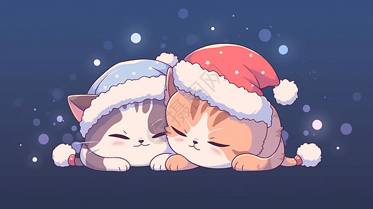 冬天夜晚戴着圣诞帽两只可爱的小猫依偎在一起睡觉图片