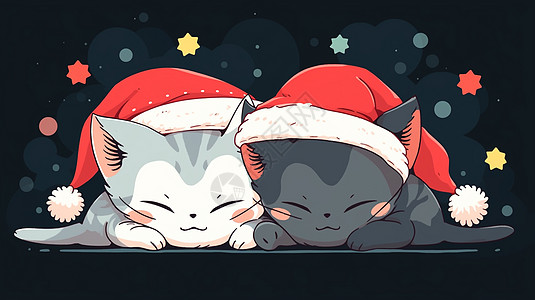 圣诞节两只趴在一起睡觉的可爱卡通小花猫图片