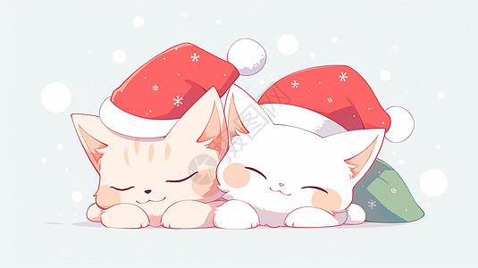 戴着圣诞帽在大雪中依偎在一起开心睡觉的卡通小花猫图片