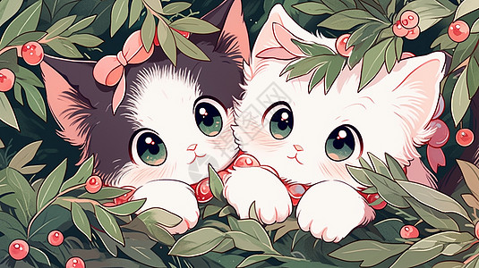 在植物中趴在一起睡觉的两只可爱卡通小花猫图片