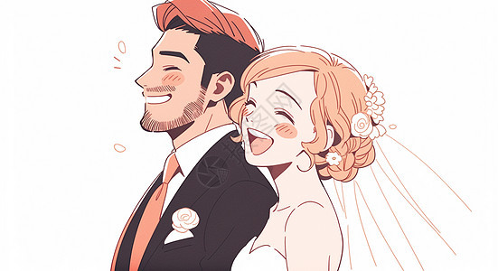 结婚开心笑的卡通新郎新娘背景图片