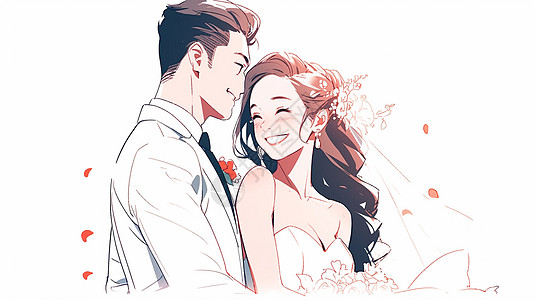 浪漫婚礼幸福结婚的卡通男女青年插画