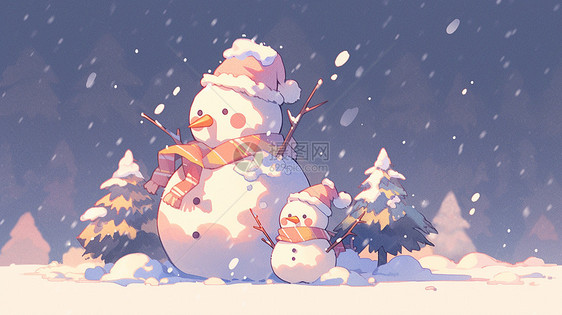 夜晚大雪中两个可爱的卡通小雪人图片