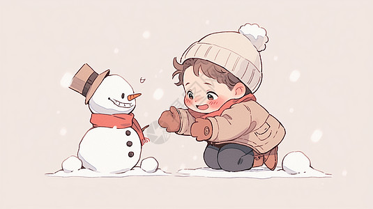 圣诞帽子戴着米色帽子开心堆雪人的可爱卡通小朋友插画