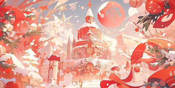 圣诞节大雪中喜庆梦幻的卡通城堡背景图片