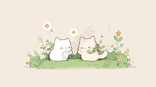 在草地上玩耍的两只可爱卡通小猫图片