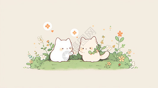 在草地上玩耍的两只可爱卡通小猫背景图片