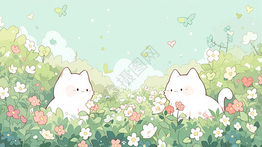 在花丛中嬉戏的两只卡通小白猫背景图片
