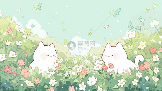 在花丛中嬉戏的两只卡通小白猫图片